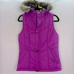 Burton - women’s purple Dry ride Hooded Puffer Zip up ski / snow Vest Faux fur M
